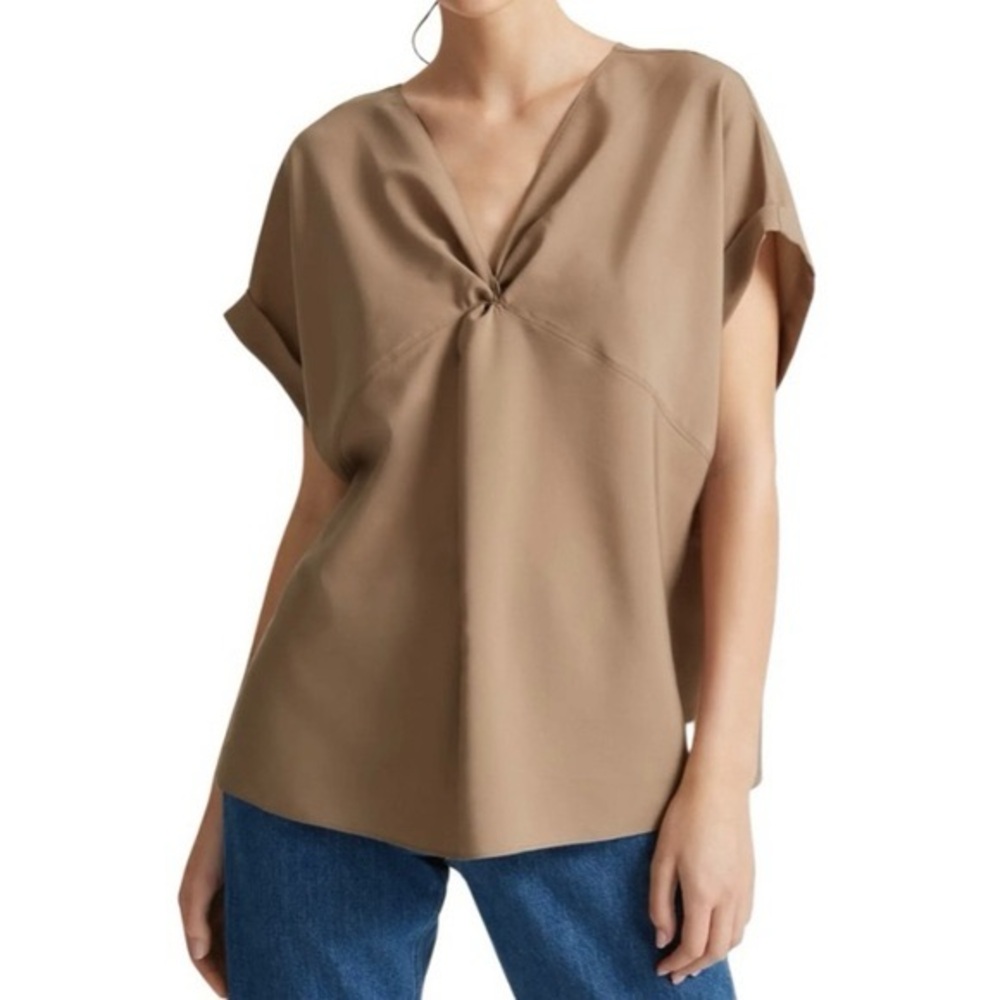 Club Monaco Front Twist Top | Tan Draped Blouse